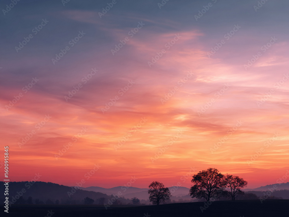 Fototapeta premium Stunning sunset over a serene landscape. Silhouette of trees and rolling hills against vibrant orange pink sky. Perfect for nature, travel, or inspirational projects.