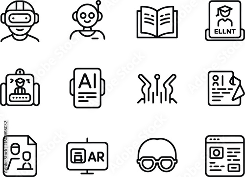 Collection of technology and education icons in a grid layout