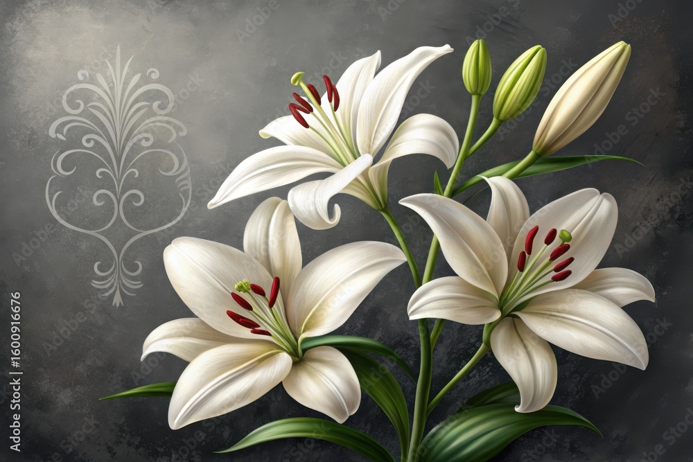 Fototapeta premium Beautiful white lily flowers floral arrangement on dark background art print