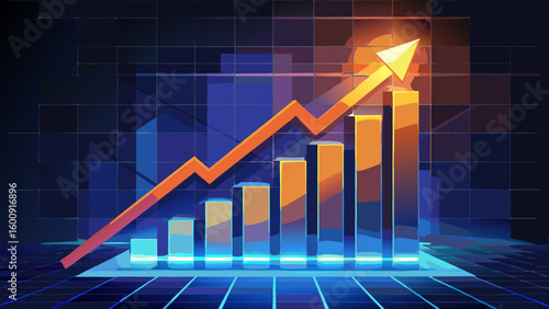 Soaring Business Growth Chart: Glowing Orange Arrow & Blue Bars on Dark Grid Background - Financial Success Visualization Generative AI