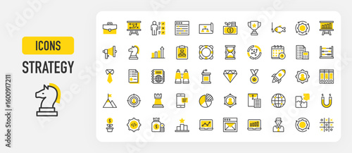 Strategy icons. Pie Graphic, Mountain, Puzzle, Skills, Planning, Gear, Value, Money Bag, Trophy, Analysis, Investment, Tie, Podium, Worldwide, Fishing Baits vector stroke illustration.	