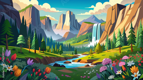 A panoramic view of Yosemite in spring, with cascading waterfalls, blossoming meadows, and towering granite — pure tranquility wrapped in semi-realistic beauty for vector inspiration.

