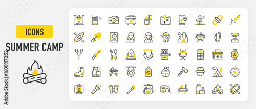 Summer Camp icons. Campfire, Carabiner, Trees, Rucksack, Camera, Walkie Talkie, Inflatable Boat, Thermo Flask, Map, Signpost, Camping, Knife, Guide Book vector stroke illustration.	
