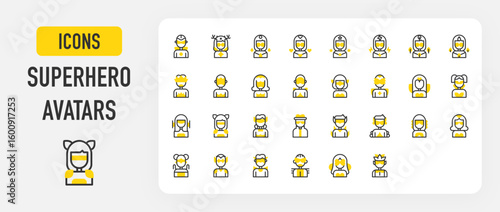 Set of Superhero avatars vector stroke icons. such as Superheroine, Superhero, and avatar illustration.	

