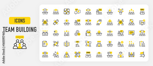 Team building icons. High Five, Teamwork, Workshop, Leadership, Group Discussion, Team, Strategy, Alternate, Development, Presentation, Link vector stroke illustration.	
