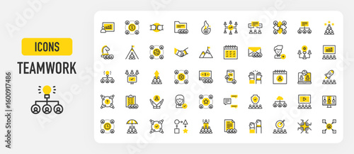 Teamwork icons. Meeting, Best Employee, Umbrella, Money, Insurance, Partnership Handshake, Hierarchy Structure, Social Network, Videoconference vector stroke illustration.	
