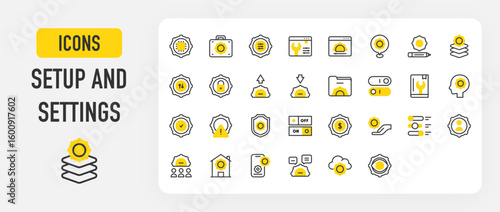Setup and settings icons. file, Settings, Setup, Folder, Cloud Settings, Tool Box, Download, On Off vector stroke illustration.	
