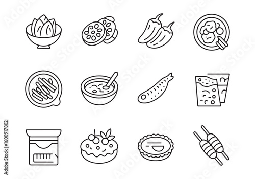Collection of twelve black and white food and drink line art icons vector