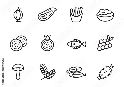 Collection of twelve black and white food and drink icons in a grid layout graphic