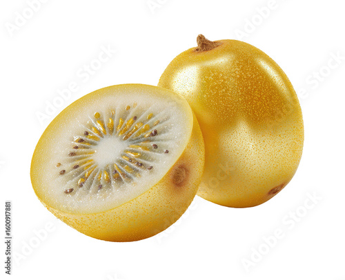 Two golden kiwi fruit, one whole and one sliced, detailed graphic