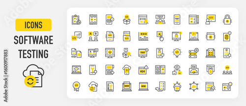 Software testing icons. Edge Computing, Box, New Features, Bug, Choice, Testing, Lightbulb, Cloud Computing, Test, File, Rating, Teamwork, Safe, Browser vector stroke illustration.	
