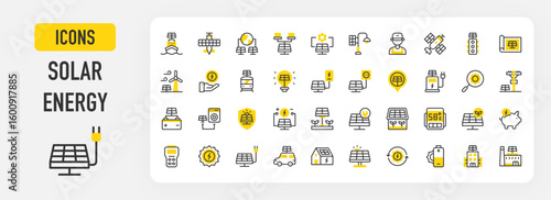 Solar energy icons. Repair, Windmill, Bulb, Home, Save Energy, Solar Cell, Shield, Meter, Setup, Thermometer, Battery, Renewable Energy, Sun Energy vector stroke illustration.	
