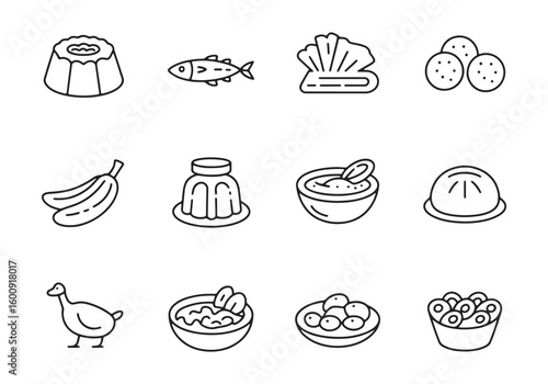 Collection of twelve black and white line art food and animal icons vector