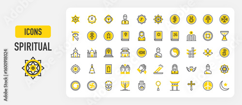 Spiritual icons. Star Of David, Angel, Buddhist Monk, Zen, Humanism, Mosque, Cross, Church, Islam, Priest, Spiritual, Menorah, Hamsa, Mala, Shinto vector stroke illustration.	
