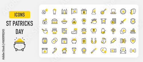 St Patrick's Day icons. Socks, Stew, Girl, Banjo, Coins, Leprechaun, Beard, Pub , Candy Cane, Goblet, Badge, Flute, Heart, Ticket, Letter, Bow Tie, Clover vector stroke illustration.	
