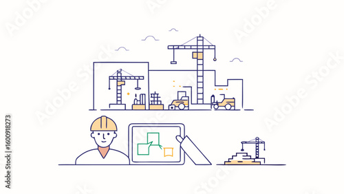 Illustration of a construction worker with a tablet overseeing a construction site with cranes and vehicles