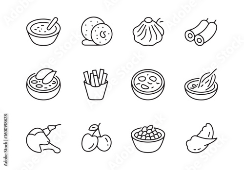 Collection of twelve black line art food icons on white background vector