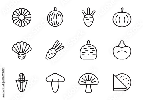 Collection of twelve black outline icons of vegetables and food items on white background healthy eating