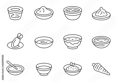 Collection of twelve simple black line drawings of food and drink items in bowls and on plates soup