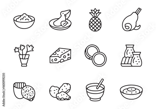Collection of twelve simple line art food and drink icons vector