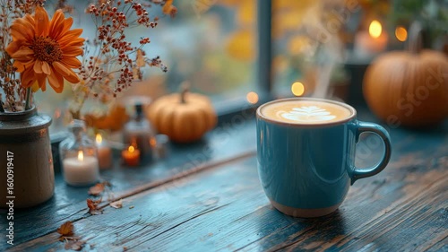 Cozy autumn morning with coffee, pumpkins and candles creating warm atmosphere