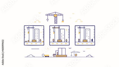 Illustration showing three building construction sites with cranes and buildings under construction scene is shown