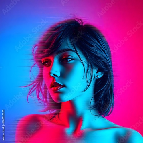Portrait of a young woman bathed in blue and pink light with a glitching effect applied to the image