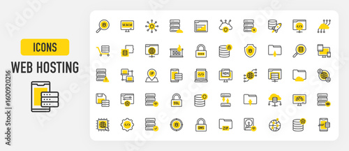 Web hosting icons. Cloud Database, Padlock, Coding, Server, Responsive Design, Zip File, Backup, Worldwide, Control Panel, Online Server, Cyber Security vector stroke illustration.	
