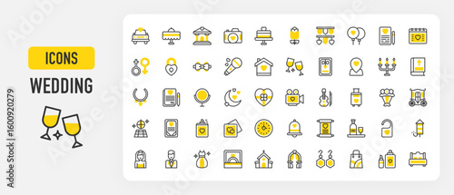 Wedding icons. Church, Video, Photo, Hall, Perfume, Gift Bag, Dance Floor, Night, Firework, Honeymoon, Wine, Location, Bride, Groom, Dress, Ring, Earrings vector stroke illustration.	
