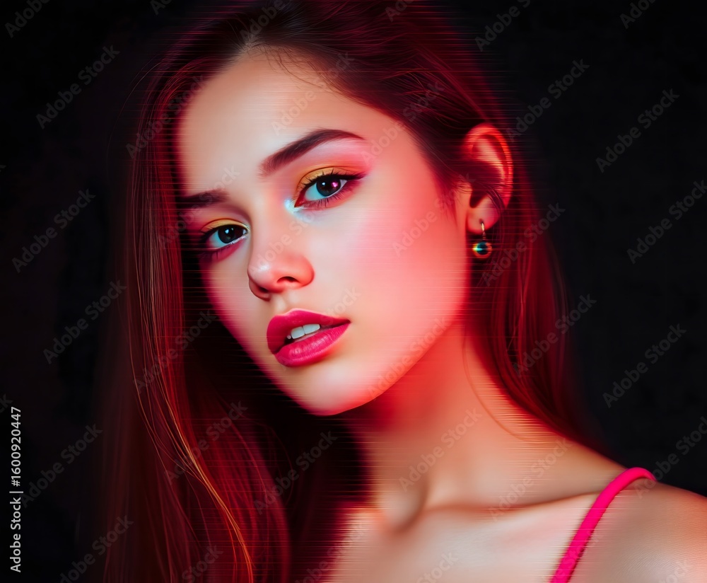 Fototapeta premium Portrait of a young woman with red hair and bright makeup against a dark background with glitch effect