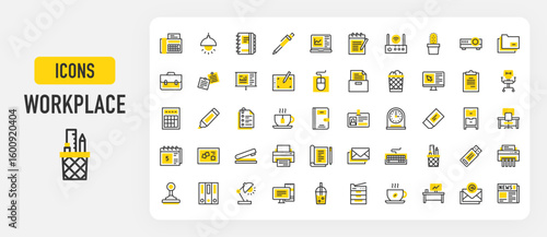 Workplace icons. Ceiling Lamp, Document, Notebook, Id Card, Briefcase, Clock, Laptop, Notes, Notebook, Wifi Router, Coffee Mug, Mouse Clicker, Rubber Stamp vector stroke illustration.	
