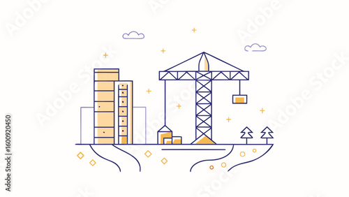 Illustration of a construction site with a crane buildings and trees on a small land mass with clouds