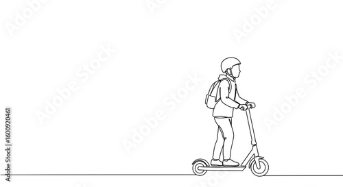 Kids riding scooters in a city, line art illustration  