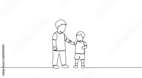 Child helping younger sibling in simple line art drawing  