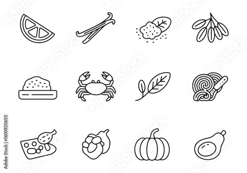 Twelve black and white line art icons of food and ingredients vector