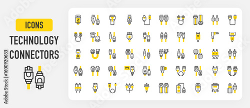Technology connectors icons. Optical Fiber, USB Connector, Jack Connector, RJ11, Ethernet, USB Plug, Power Cable, LAN, Optical Fiber, Power Cord, Extension vector stroke illustration.	
