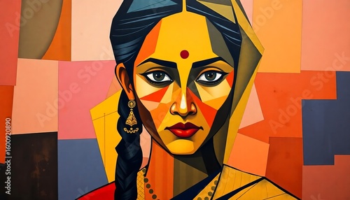 Stylized portrait of a woman with a bindi and traditional jewelry against a geometric background