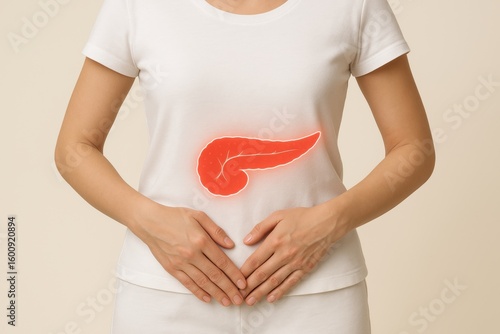 Wallpaper Mural Human Body with Pancreas Illustration: A person's torso prominently displaying a medical illustration of the pancreas, highlighting the core of health and wellness.  Torontodigital.ca