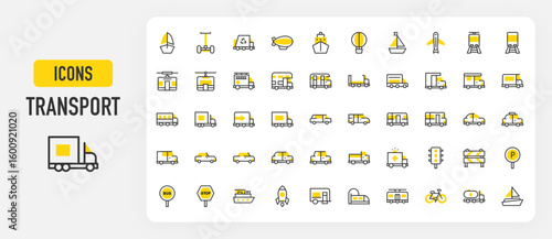 Transport icons. Traffic Sign, Hot Air Balloon, Truck, Boat, Bus, Subway, Zeppelin, Stop Sign, Parking Sign, Ship, Traffic Lights, Water Tank, Airplane vector stroke illustration.	
