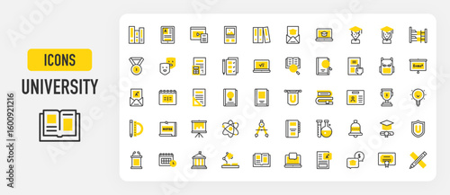 University icons. Binder, Open Book, Ebook, Trophy, Test, Laptop, Research, Blackboard, Pencil, Calendar, Essay vector stroke illustration.	
