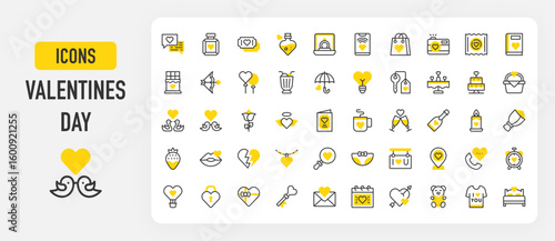 Valentine's Day icons. Broken Heart, Email, Alarm Clock, Perfume, Search, Candle, Shopping Bag, Saint Valentine, Kiss, Heart, Bouquet, Rose, Hotel Key, Light vector stroke illustration.	