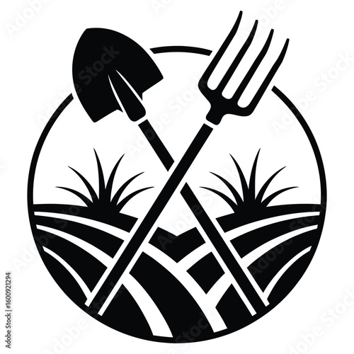 Silhouette of shovel and pitchfork crossed over field emblem, logo vector style in black and white