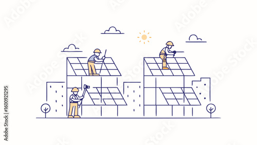Illustration of construction workers installing solar panels on buildings under a sunny sky with clouds