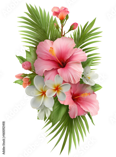Delicate bouquet of pink hibiscus and plumeria flowers with tropical leaves
