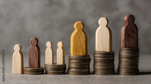 Wooden figures of people standing on stacks of coins, representing the concept of social status