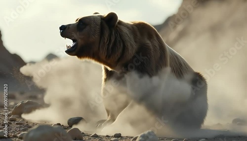 Brown bear roaring loudly to assert dominance