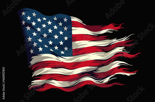 Vector design with decorative drawing of 
torn national flag of usa is fluttering in wind. 
Fashion t-shirt print. American pattern of stars 
and wavy stripes for textiles, fabric, clothing.
