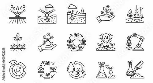 Soil Regeneration and Sustainable Agriculture Line Icon Set – Vector Irrigation, Erosion Control, Nutrient Management, AI Farming Tools
