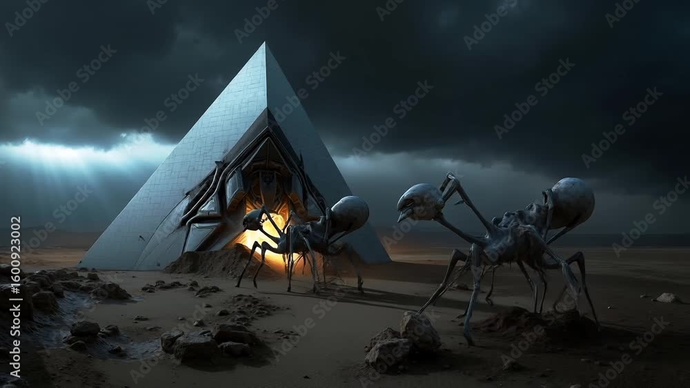 A large pyramid in the middle of a desert with a giant spider in front ...