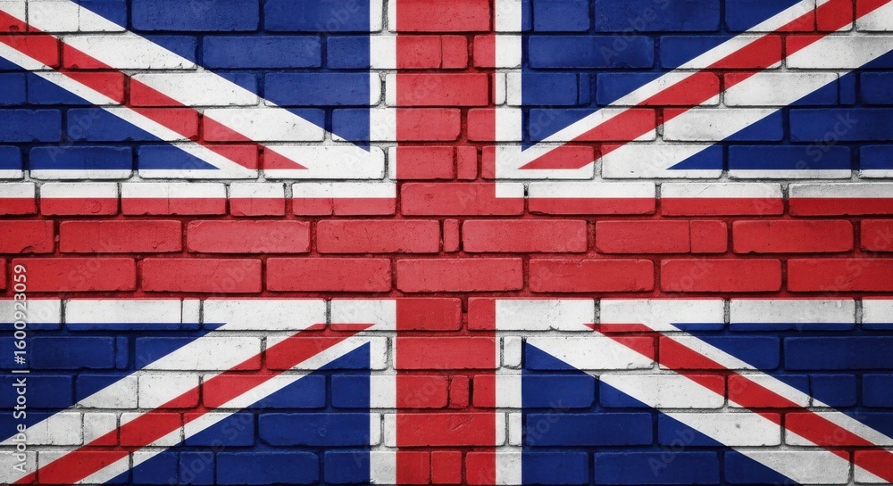 Fototapeta premium The iconic union jack flag is painted boldly across a weathered red brick wall symbolizing national pride and heritage